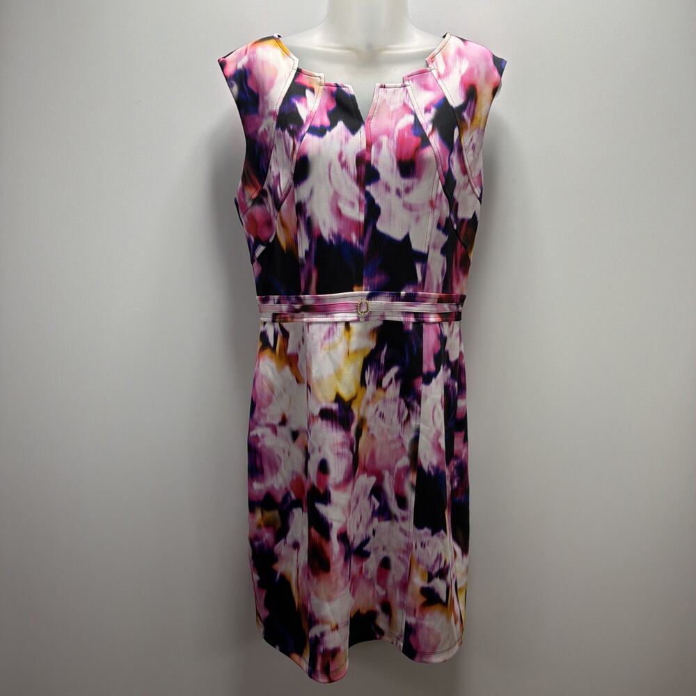 Ellen Tracy Abstract Floral Cap Sleeve Sheath Dress 10 Multicolor Stretch Lined